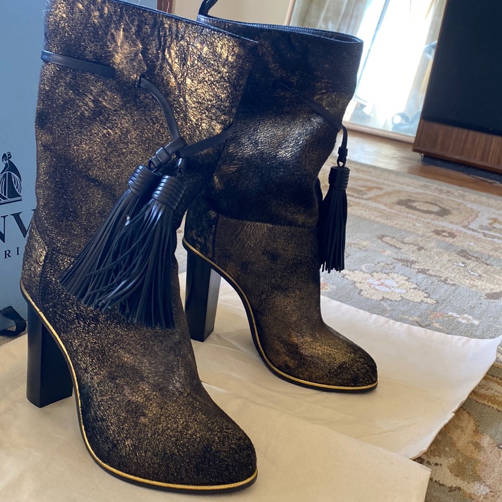 Lanvin Boots new never worn . Gold shimmer, black tassels.